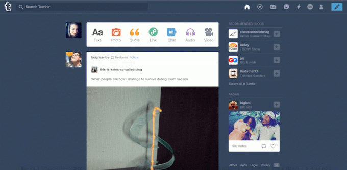 Tumblr Dashboard'un ekran görüntüsü