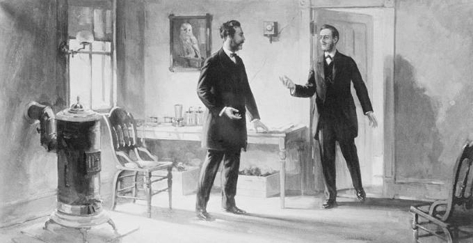 Alexander Graham Bell ve Thomas Watson 1887'de Boston'da birlikte çalışıyorlar.