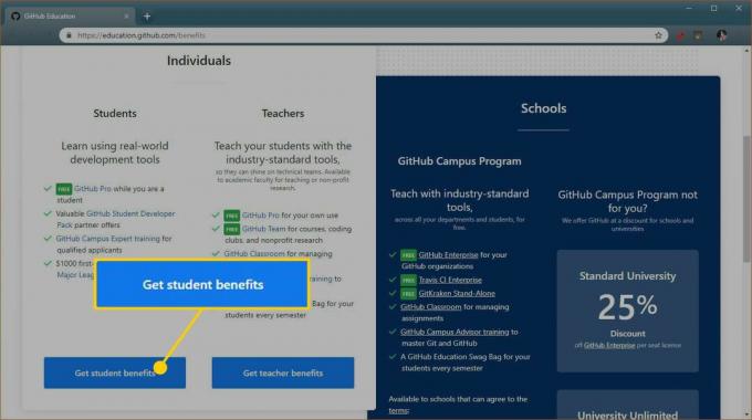 GitHub öğrenci avantajları kayıt sayfasının ekran görüntüsü.