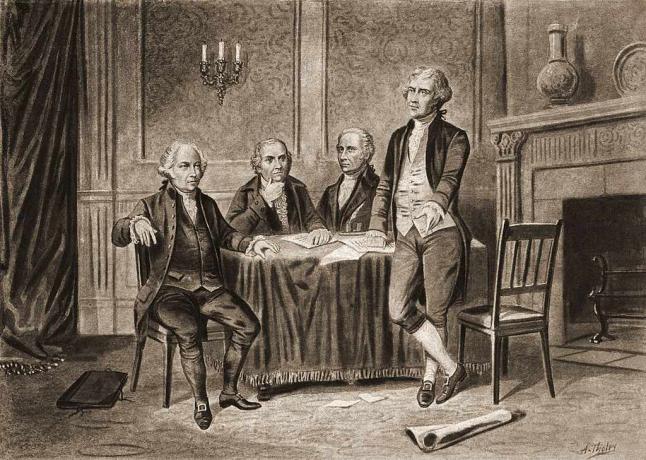 Amerika Birleşik Devletleri Kurucu Babalarından dördünün çizimi, soldan, John Adams, Robert Morris, Alexander Hamilton ve Thomas Jefferson, 1774.