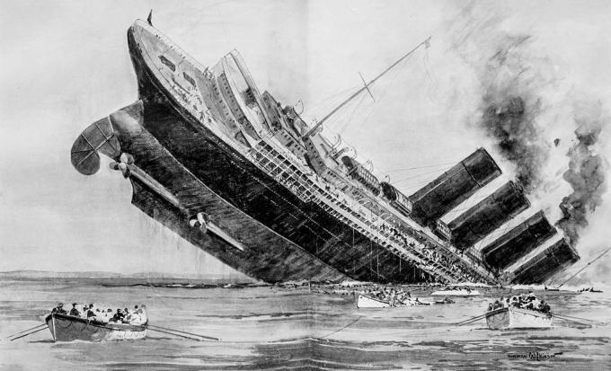 RMS Lusitania batıyor, havada sert.