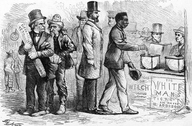 Mart 1867, Amerikalı karikatürist Thomas Nast'ın bir Afrikalı-Amerikalıyı betimleyen Harper's Weekly siyasi karikatürü Georgetown seçimleri sırasında Andrew Jackson ve diğerleri bakarken oy pusulasını sandığa atan adam öfkeyle.