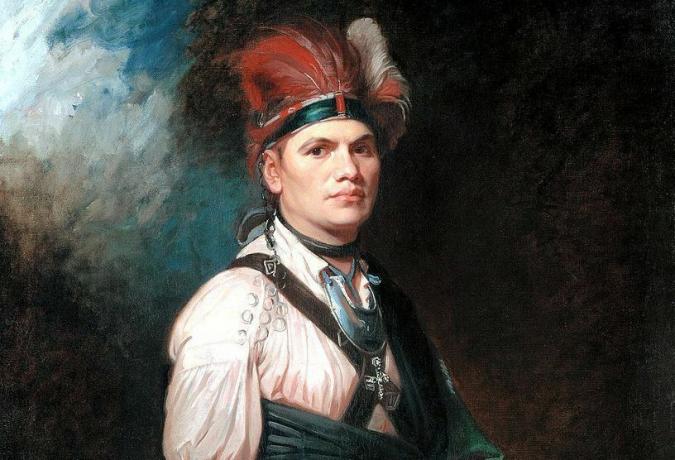 Headdress ile Kızılderili elbiseli Joseph Brant