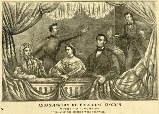 H.H. Lloyd & Co. tarafından bu litografta gösterildiği gibi Başkan Lincoln'ün Ford Tiyatrosu'nda suikastı, 14 Nisan 1865.