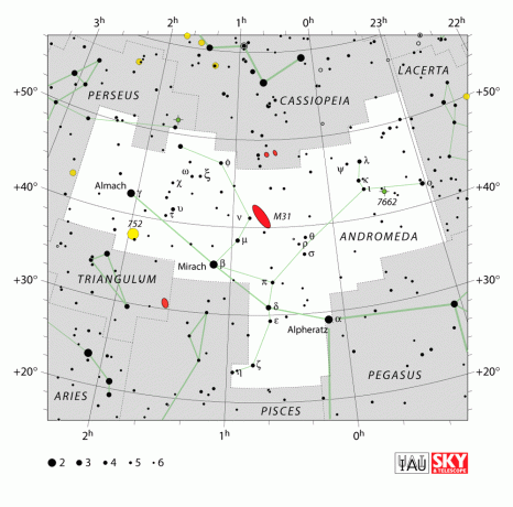 Andromeda takımyıldızını gösteren IAU grafiği.