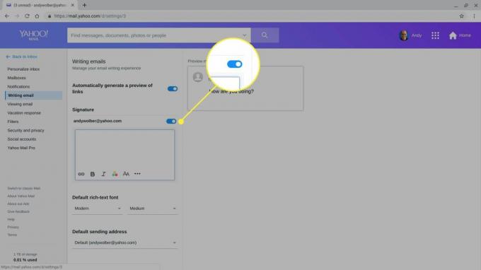 Yahoo Mail'deki İmza kaydırıcısı