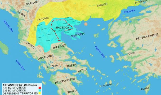 Tarih ve büyüme gösteren Makedon İmparatorluğu Haritası.