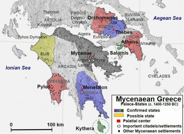 M.Ö. 1400-1250 yılları arasında Miken Yunanistan'ı gösteren harita.