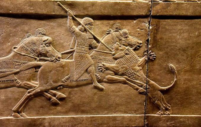 Asur kralı Ashurbanipal atında bir aslanın kafasına bir mızrak attı