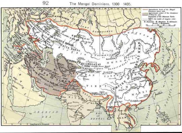 1300-1405 dolaylarında Moğol hâkimiyetlerini gösteren harita.