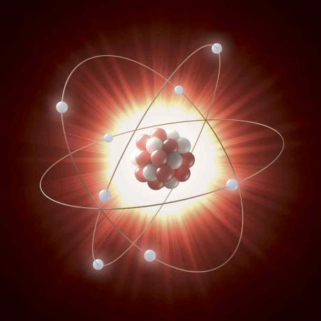 Atom çekirdeği, beyaz daireler tarafından temsil edilen elektronlar tarafından yörüngede bir dizi kırmızı ve beyaz daireler olarak Illustration.