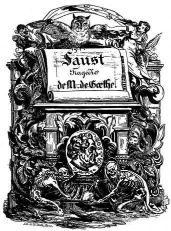Johann Wolfgang von Goethe - Alman şair ve düşünürün trajedisi 'Faust'un başlık sayfası (Ed. Stapfer, 1828). Fransız Romantik ressam Ferdinand Victor Eugene Delacroix tarafından litografi.