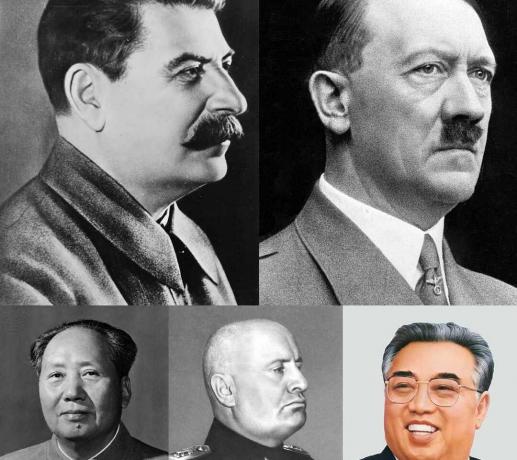 Totaliter liderlerin kolajı (her sıra - soldan sağa) Joseph Stalin, Adolf Hitler, Mao Zedong, Benito Mussolini ve Kim Il-sung.