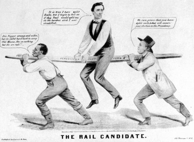Lincoln, siyasi bir karikatürde Demiryolu Adayı olarak resmedildi.