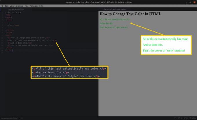 Solda HTML ve vurgulanmış bölümler ve sağda HTML önizlemesi ve vurgulanmış sonuçlar içeren kod düzenleyici