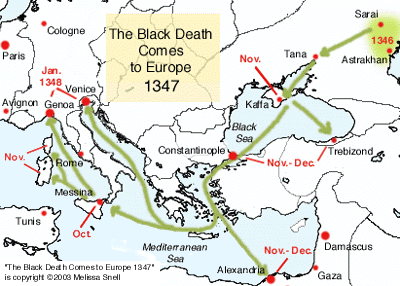 Hastalığın doğu Avrupa ve İtalya'ya gelişi Kara Ölüm Avrupa'ya Geliyor, 1347