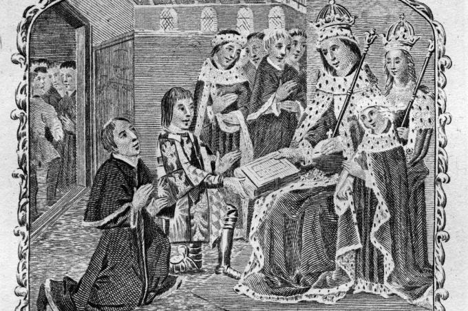 Jacquetta'nın oğlu Earl Rivers, IV. Edward'a çeviri yapar. Elizabeth Woodville kralın arkasında duruyor.
