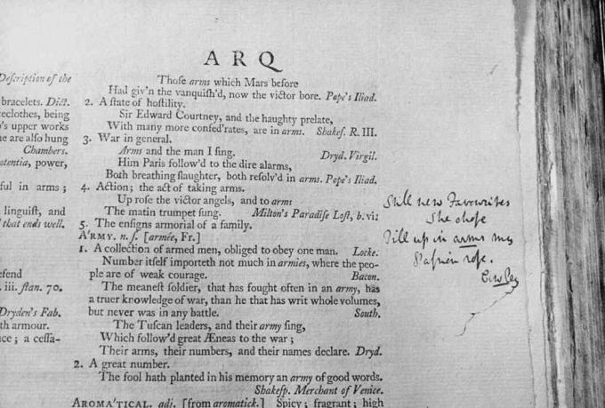 Samuel Johnson'ın İngilizce Dil Sözlüğü'nün erken basımlarından sayfaların kenar boşlukları üzerine el yazısı notlar da dahil olmak üzere closeup sayfaları