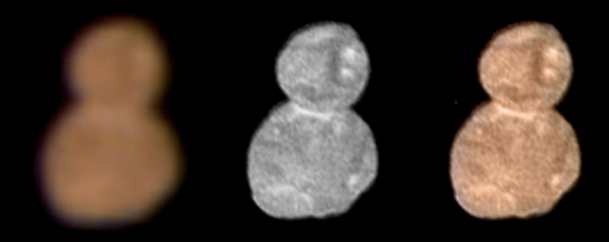 2014 MU69 Ultima Thule'ün ilk renkli görüntüleri. Kırmızımsı malzeme muhtemelen buzlar ile ultraviyole ışık etkileşimleri tarafından oluşturulan bir kaplamadır.