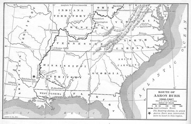 Harita, eski ABD Başkan Yardımcısı Aaron Burr'un 1806-1807'de Burr komplosu olarak bilinen Mississippi Nehri'ndeki yolculuğu sırasında yaklaşık rotasını gösteriyor.