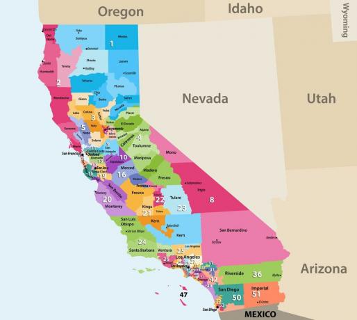 Kaliforniya'nın 53 ABD kongre bölgesinin haritası.